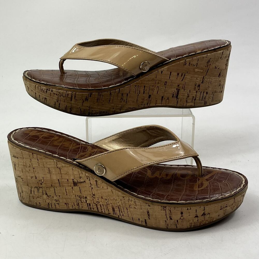 Sam Edelman Womens Romy Wedge Sandals Size 7.5 Tan Brown Cork Platform Patent